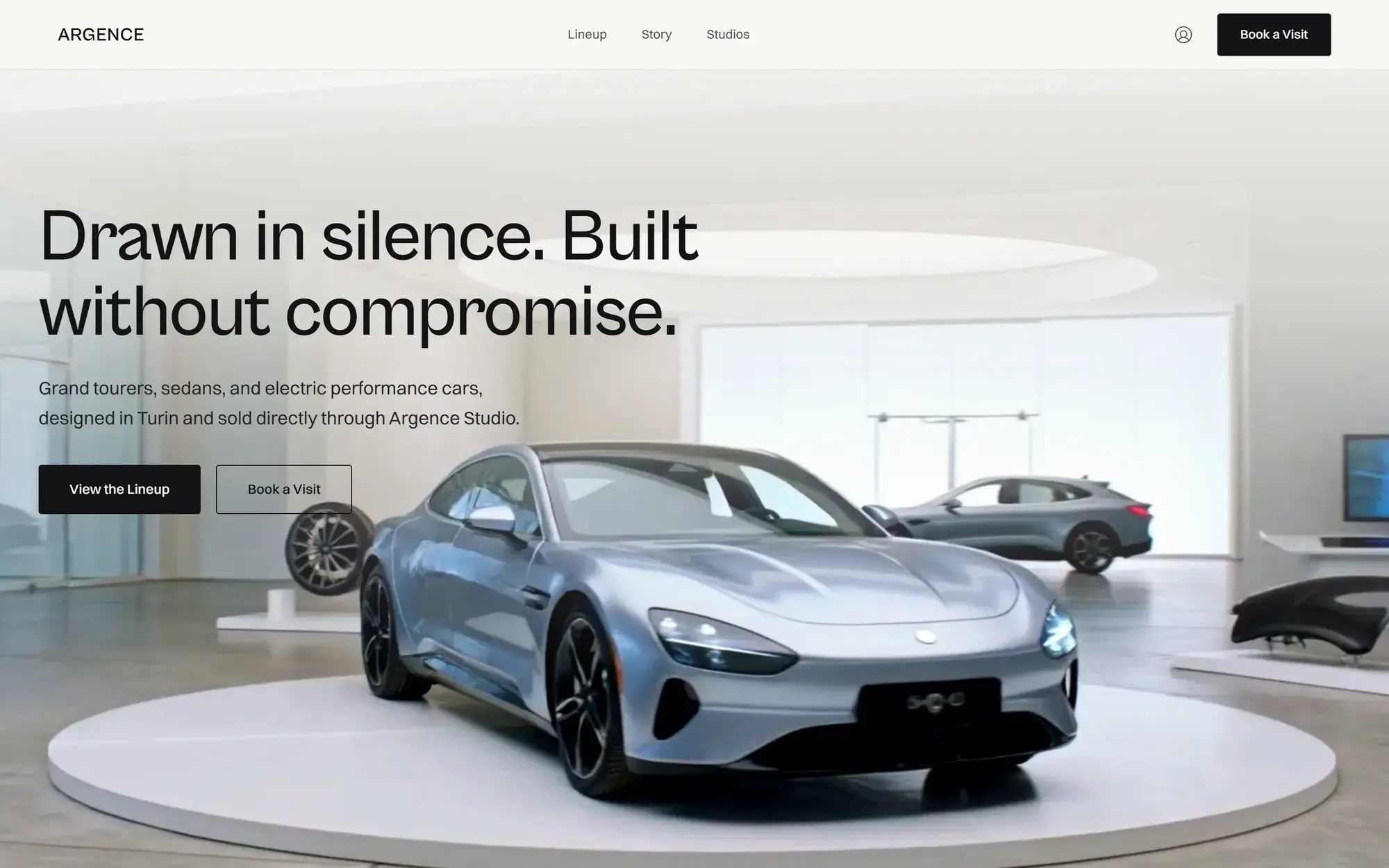 The Argence homepage: a silver grand tourer on a studio turntable under the headline 'Drawn in silence. Built without compromise.'