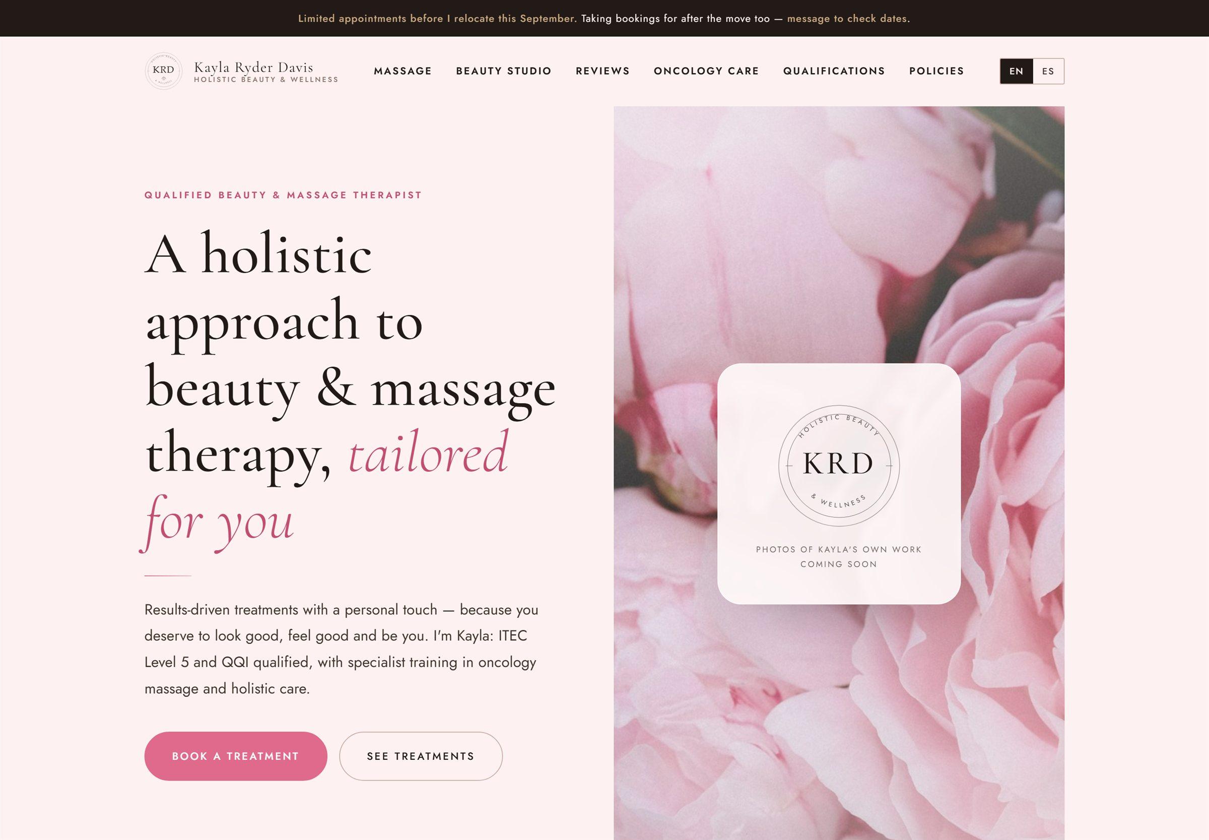The Kayla Ryder Davis homepage: a large headline reading 'A holistic approach to beauty and massage therapy, tailored for you' beside a photograph of pink peonies.