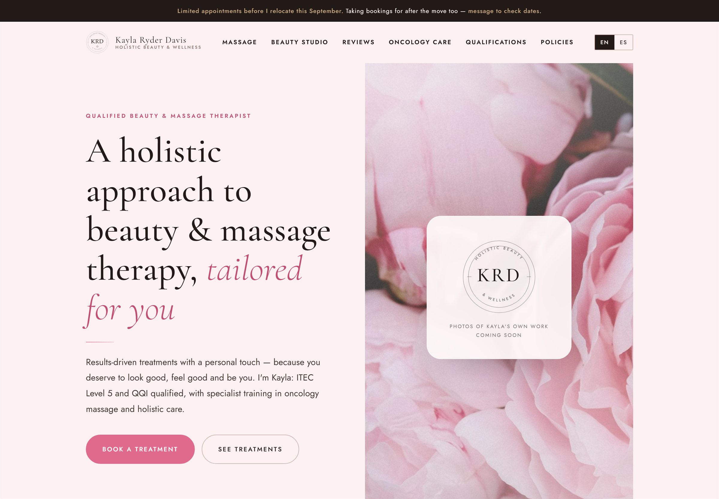 The Kayla Ryder Davis homepage: a large headline reading 'A holistic approach to beauty and massage therapy, tailored for you' beside a photograph of pink peonies.